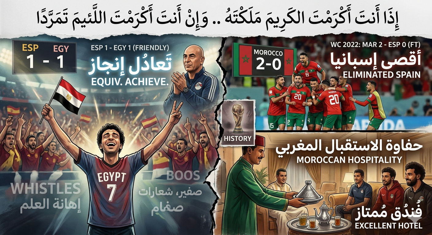 مثال للحقارة: مدرب المنتخب المصري شتمته الجماهير الإسبانية وأهانت مصر فشكرها، وأكرمه المغرب وأحسن استقباله فانتقده وأساء إليه