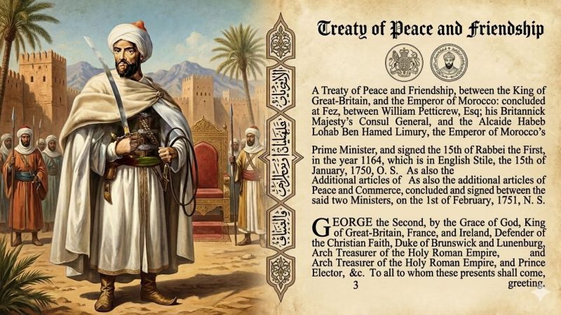 وثيقة تاريخية لاتفاقية دبلوماسية هامة بين بريطانيا والمغرب في القرن الثامن عشر (معاهدة سلام وصداقة 15 يناير1750)