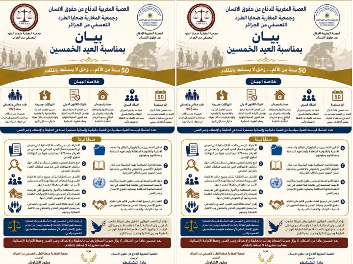 بيان العيد الخمسين للعصبة المغربية للدفاع عن حقوق الانسان  وجمعية المغاربة ضحايا الطرد التعسفي من الجزائر