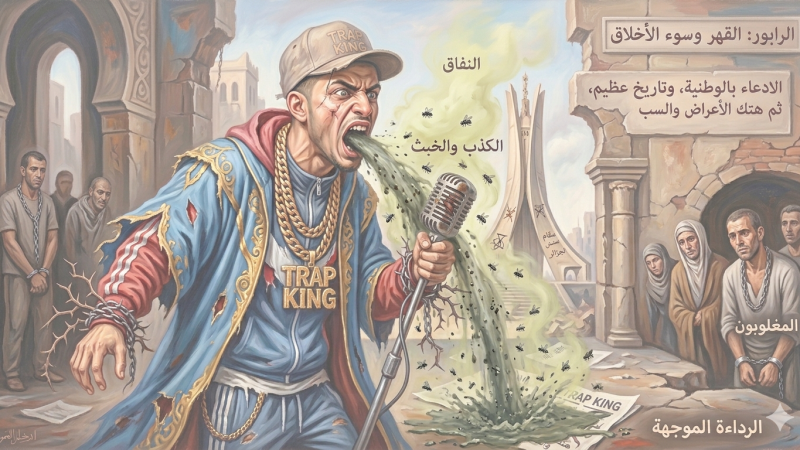 الرابور الجزائري المفلس”رجيم” نموذج انهيار منظومة القيم نتيجة الضغط والقهر وغياب المشروع الثقافي الحقيقي ومُنتَج تربية بيوت الذعارة، يتقيأ خبث ما شربه في ثكنات العسكر