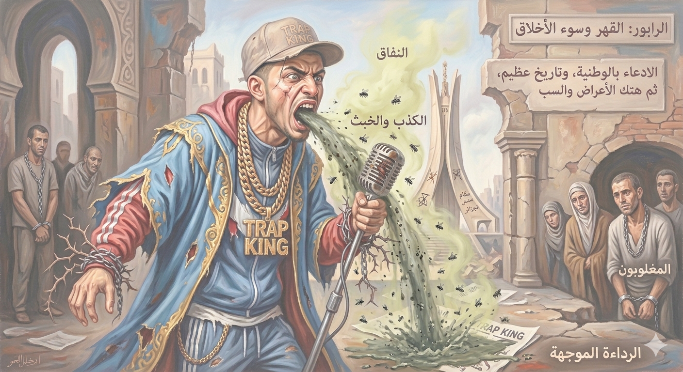 الرابور الجزائري المفلس”رجيم” نموذج انهيار منظومة القيم نتيجة الضغط والقهر وغياب المشروع الثقافي الحقيقي ومُنتَج تربية بيوت الذعارة، يتقيأ خبث ما شربه في ثكنات العسكر