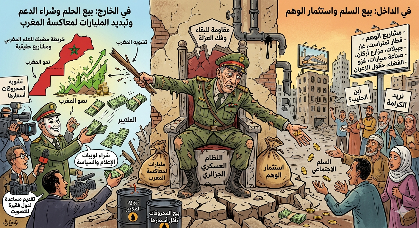 اهتراء النظام العسكري الجزائري ومقاومة البقاء في السلطة وفك العزلة : في الداخل بيع السلم واستثمار الوهم وفي الخارج بيع الحلم وشراء الدعم بملايير الدولارات لمعاكسة المغرب