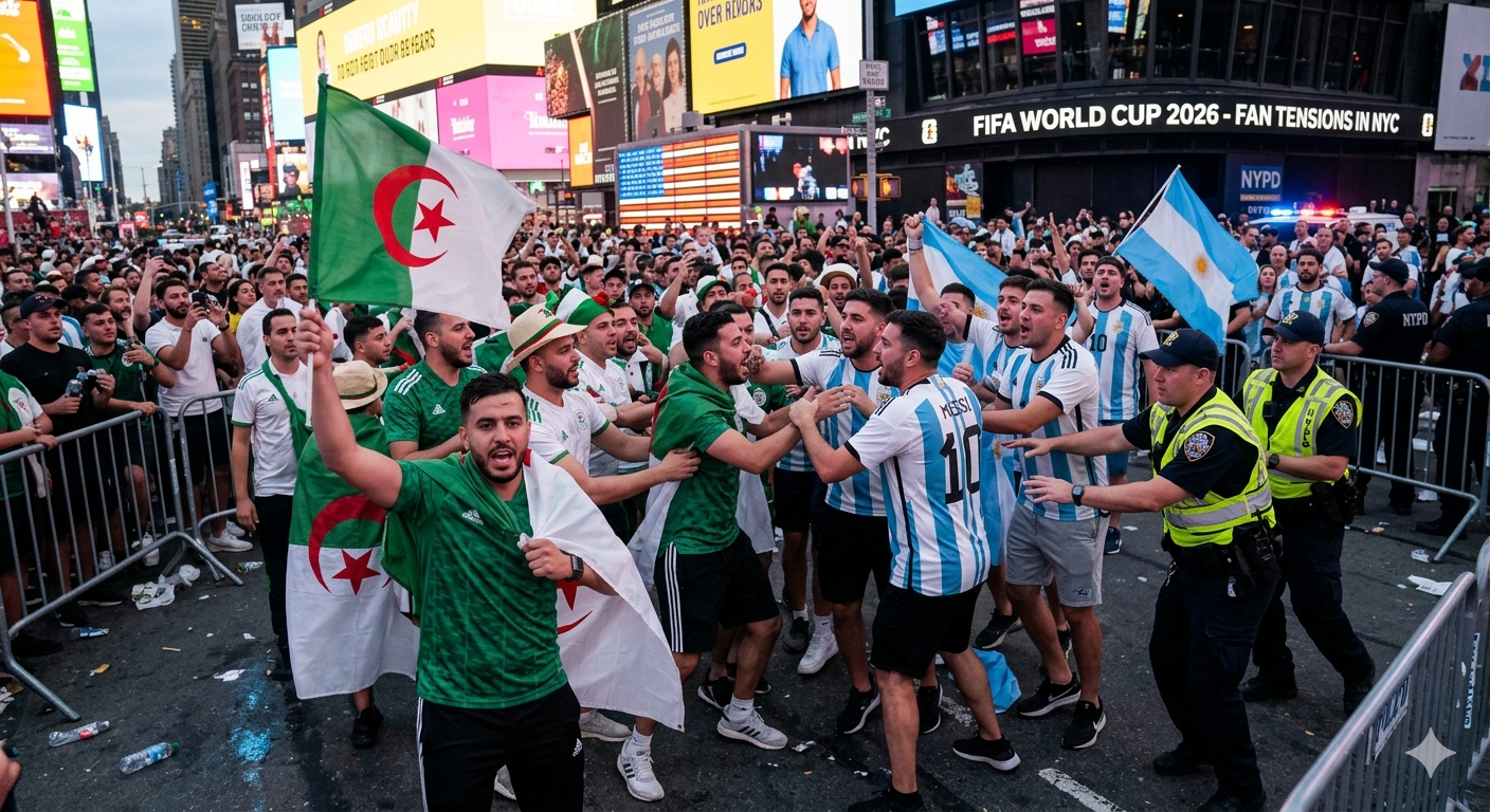 مشادات ومناوشات وقعت، قبل المباراة، بين أنصار المنتخبين الجزائري والأرجنتيني في ساحة “تايمز سكوير” بنيويورك رغم عدم وجود اعتقالات أو تسجيل إصابات