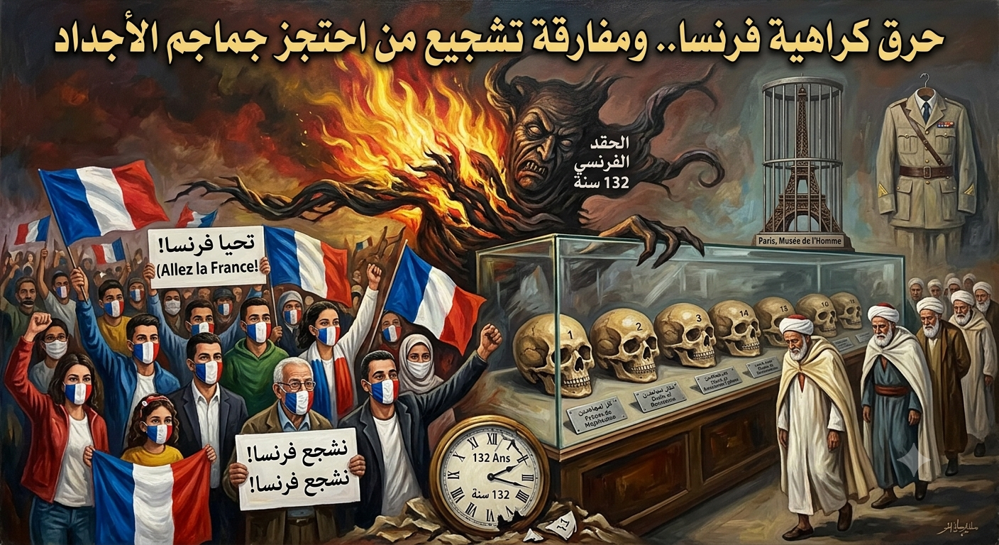 جَزَائِرِيُّونَ يرْفَعُونَ الْعَلَمَ الْفَرَنْسِيَّ تَشْجِيعًا لِمُنْتَخَبِ فَرَنْسَا بَعْدَ تَأَهُّلِهِ إِلَى الدَّوْرِ نِصْفِ النِّهَائِيِّ، ضِدًّا عَلَى الْمَغْرِبِ، وَمُشَجِّعُونَ فَرَنْسِيُّونَ يحْرِقُونَ الْعَلَمَ الْجَزَائِرِيَّ وَيَرْمُونَهُ