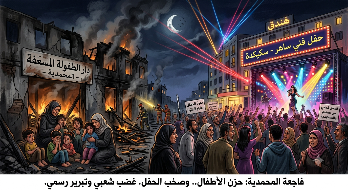 اَلْجَزَائِرُ الْمُتَوَحِّشَةُ: حَفْلٌ فَنِّيٌّ سَاهِرٌ سَاعَاتٍ بَعْدَ الْفَاجِعَةِ الَّتِي أَوْدَتْ بِحَيَاةِ 11 طِفْلًا يَتِيمًا وَمُرَبِّيَتِهِمْ حَرْقًا ، يثيرُ مَوْجَةً مِنَ الْغَضَبِ وَالِاسْتِنْكَارِ