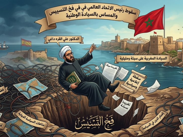 سَقْطَةُ رَئِيسِ الِاتِّحَادِ الْعَالَمِيِّ لِعُلَمَاءِ الْمُسْلِمِينَ فِي سَبْتَةَ الْمَغْرِبِيَّةِ حِينَ نَطَقَ بِغَيْرِ عِلْمٍ: دَرْسٌ بَلِيغٌ فِي خُطُورَةِ إِقْحَامِ الدِّينِ فِي مَتَاهَاتِ السِّيَاسَةِ وَالْوُقُوعِ فِي خَطِيئَةٍ سِيَاسِيَّةٍ كُبْرَى