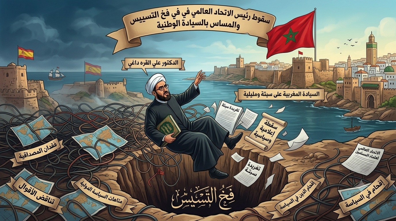 سَقْطَةُ رَئِيسِ الِاتِّحَادِ الْعَالَمِيِّ لِعُلَمَاءِ الْمُسْلِمِينَ فِي سَبْتَةَ الْمَغْرِبِيَّةِ حِينَ نَطَقَ بِغَيْرِ عِلْمٍ: دَرْسٌ بَلِيغٌ فِي خُطُورَةِ إِقْحَامِ الدِّينِ فِي مَتَاهَاتِ السِّيَاسَةِ وَالْوُقُوعِ فِي خَطِيئَةٍ سِيَاسِيَّةٍ كُبْرَى