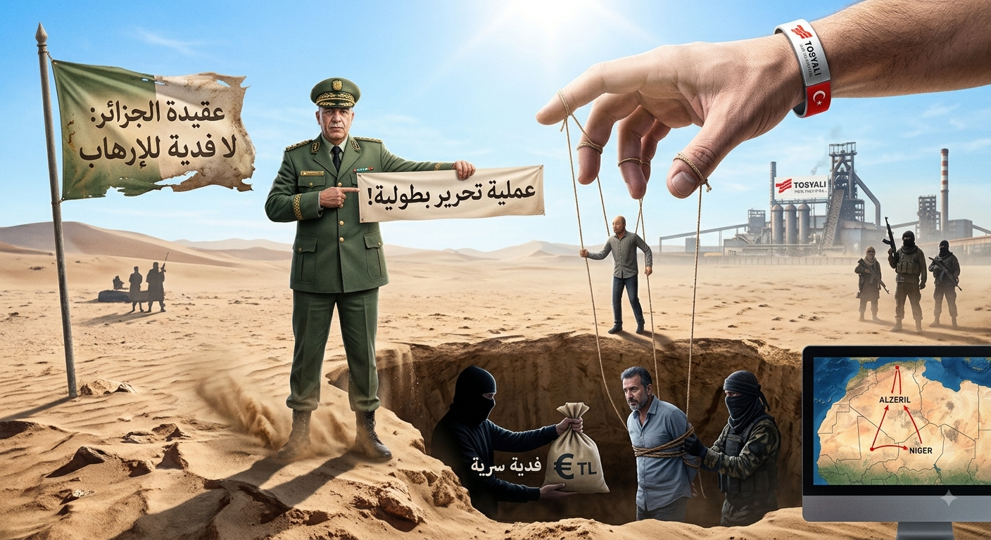 وَهْمُ الْبُطُولَةِ الْعَسْكَرِيَّةِ الْجَزَائِرِيَّةِ: الْمَصَالِحُ التُّرْكِيَّةُ وَرَاءَ تَحْرِيرِ الرَّهِينَةِ التُّرْكِيِّ-الأَلْمَانِيِّ بِالسَّاحِلِ… مِنْ وَهْرَانَ إِلَى هَامْبُورْغَ عَبْرَ النِّيجَرِ.. اللَّغْزُ الْمَكْتُومُ وَرَاءَ الرَّهِينَةِ وَذَهَبِ الصَّحْرَاءِ