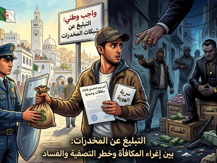 بَيْنَ إِغْرَاءِ الْمُكَافَأَةِ وَخَطَرِ التَّصْفِيَةِ.. قَوَانِينُ جَدِيدَةٌ لِمُحَاصَرَةِ بَارُونَاتِ الْمُخَدِّرَاتِ بِالْجَزَائِرِ: الْإِبْلَاغُ عَنْ شَبَكَاتِ الْمُخَدِّرَاتِ: هَلْ تَحَوَّلَ الْمُوَاطِنُ إِلَى مُخْبِرٍ أَمْ إِلَى شُرْطِيٍّ لِلنِّظَامِ؟