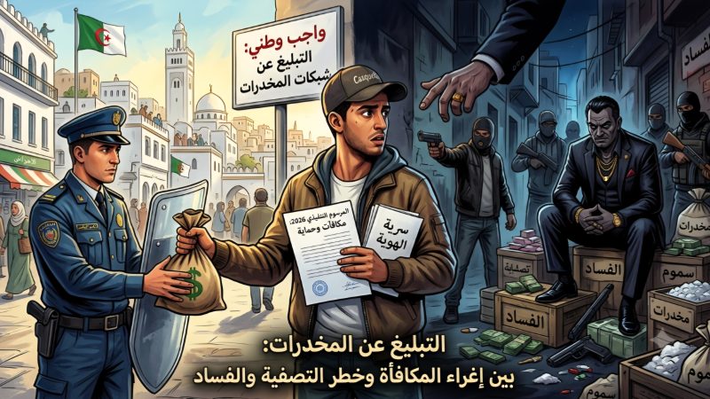بَيْنَ إِغْرَاءِ الْمُكَافَأَةِ وَخَطَرِ التَّصْفِيَةِ.. قَوَانِينُ جَدِيدَةٌ لِمُحَاصَرَةِ بَارُونَاتِ الْمُخَدِّرَاتِ بِالْجَزَائِرِ: الْإِبْلَاغُ عَنْ شَبَكَاتِ الْمُخَدِّرَاتِ: هَلْ تَحَوَّلَ الْمُوَاطِنُ إِلَى مُخْبِرٍ أَمْ إِلَى شُرْطِيٍّ لِلنِّظَامِ؟