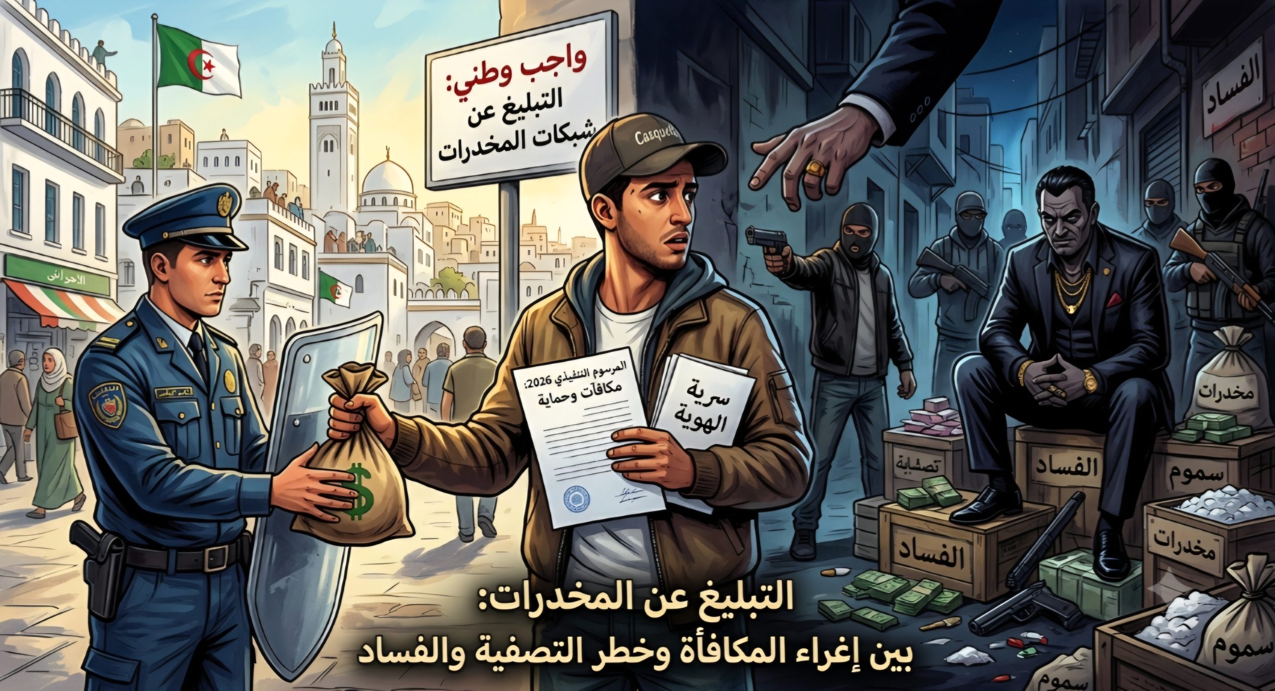 بَيْنَ إِغْرَاءِ الْمُكَافَأَةِ وَخَطَرِ التَّصْفِيَةِ.. قَوَانِينُ جَدِيدَةٌ لِمُحَاصَرَةِ بَارُونَاتِ الْمُخَدِّرَاتِ بِالْجَزَائِرِ: الْإِبْلَاغُ عَنْ شَبَكَاتِ الْمُخَدِّرَاتِ: هَلْ تَحَوَّلَ الْمُوَاطِنُ إِلَى مُخْبِرٍ أَمْ إِلَى شُرْطِيٍّ لِلنِّظَامِ؟