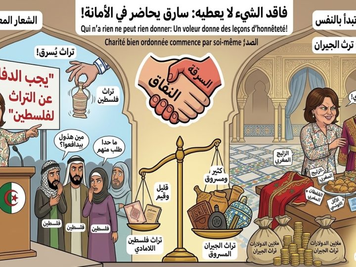 حُمَاةٌ فِي الشَّرْقِ، لُصُوصٌ فِي الْغَرْبِ: مُتَلَازِمَةُ “النِّفَاقِ الثَّقَافِيِّ” لِلنِّظَامِ الْجَزَائِرِيِّ…”الصَّدَقَةُ تَبْدَأُ بِالْبَيْتِ”.. عَنْ نِظَامٍ عَسْكَرِيٍّ يَسْطُو عَلَى جِيرَانِهِ وَيَتَبَاكَى عَلَى تُرَاثِ فِلَسْطِينَ
