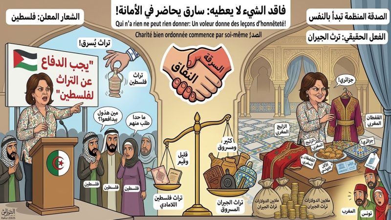 حُمَاةٌ فِي الشَّرْقِ، لُصُوصٌ فِي الْغَرْبِ: مُتَلَازِمَةُ “النِّفَاقِ الثَّقَافِيِّ” لِلنِّظَامِ الْجَزَائِرِيِّ…”الصَّدَقَةُ تَبْدَأُ بِالْبَيْتِ”.. عَنْ نِظَامٍ عَسْكَرِيٍّ يَسْطُو عَلَى جِيرَانِهِ وَيَتَبَاكَى عَلَى تُرَاثِ فِلَسْطِينَ