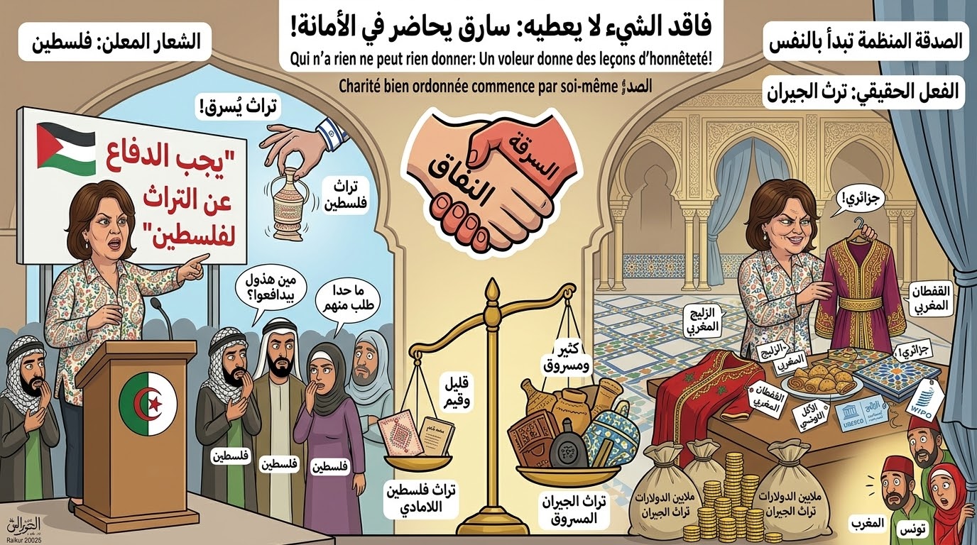 حُمَاةٌ فِي الشَّرْقِ، لُصُوصٌ فِي الْغَرْبِ: مُتَلَازِمَةُ “النِّفَاقِ الثَّقَافِيِّ” لِلنِّظَامِ الْجَزَائِرِيِّ…”الصَّدَقَةُ تَبْدَأُ بِالْبَيْتِ”.. عَنْ نِظَامٍ عَسْكَرِيٍّ يَسْطُو عَلَى جِيرَانِهِ وَيَتَبَاكَى عَلَى تُرَاثِ فِلَسْطِينَ